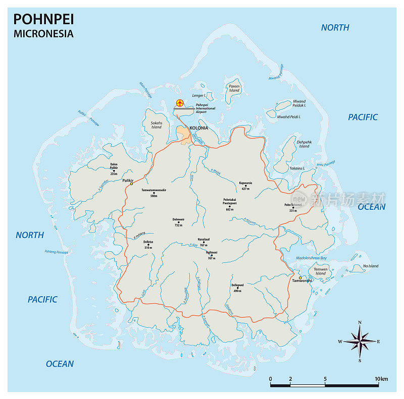 密克罗尼西亚主要岛屿波纳佩的矢量路线图