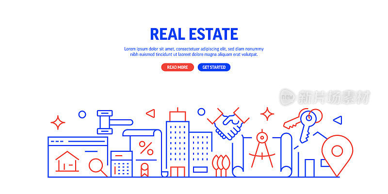 房地产相关网站横幅线条风格。现代线性设计矢量插图的网站横幅,网站标题等。