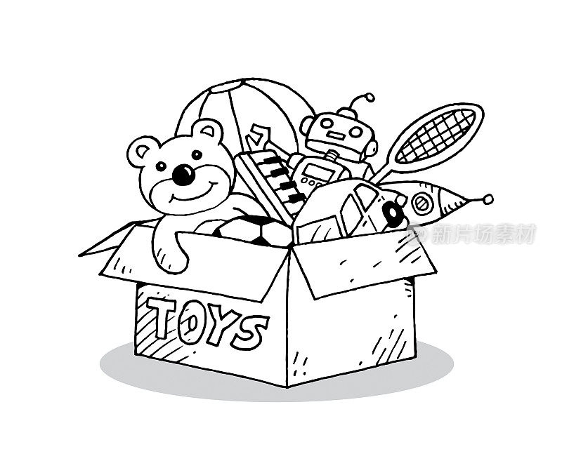 儿童玩具装在纸板玩具箱里