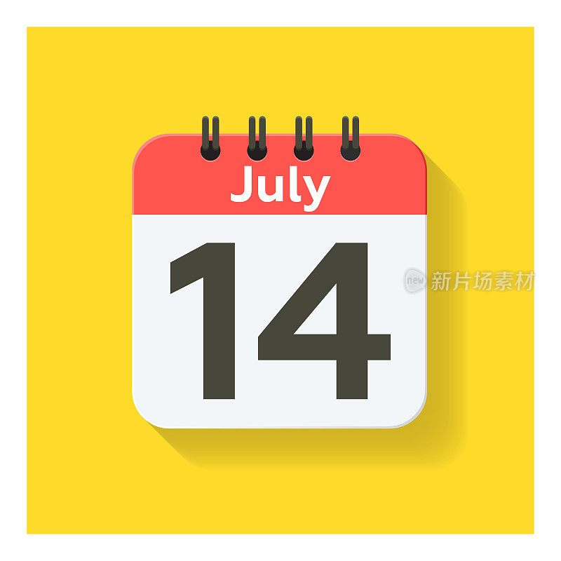 7月14日-日日历图标在平面设计风格。黄色背景。