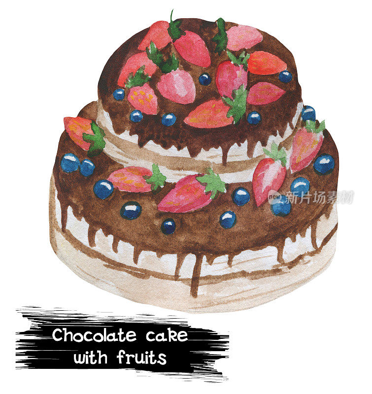 巧克力蛋糕配夏季水果，蓝莓和草莓。用奶油和浆果装饰的多层巧克力蛋糕。浇上树莓的蛋糕。草莓蛋糕。美味的甜点。Gourment菜。