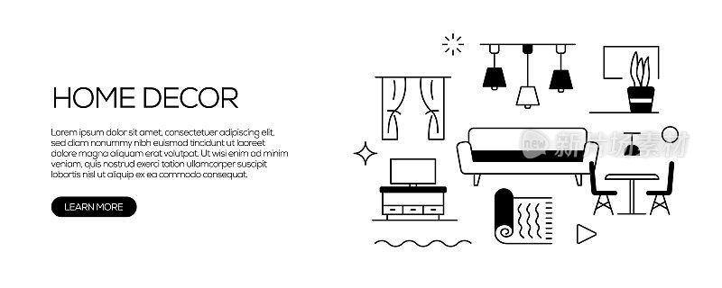 家装相关网站横幅线条风格。现代线性设计矢量插图的网站横幅，网站标题等。
