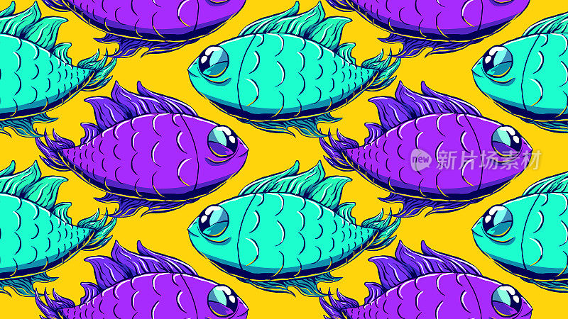 卡通可爱无缝插图-水族鱼。