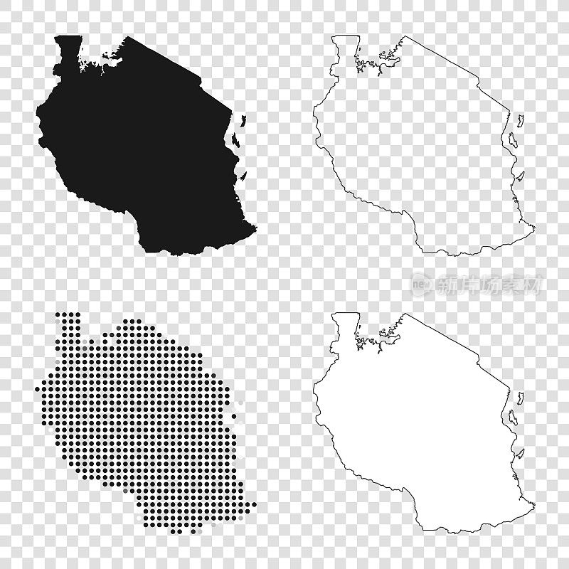 坦桑尼亚地图设计-黑色，轮廓，马赛克和白色