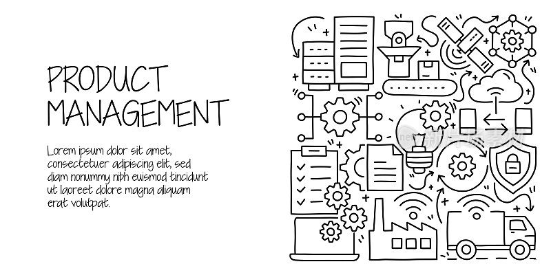 产品管理相关的涂鸦插图。现代设计矢量插图的网页横幅，网站标题等。