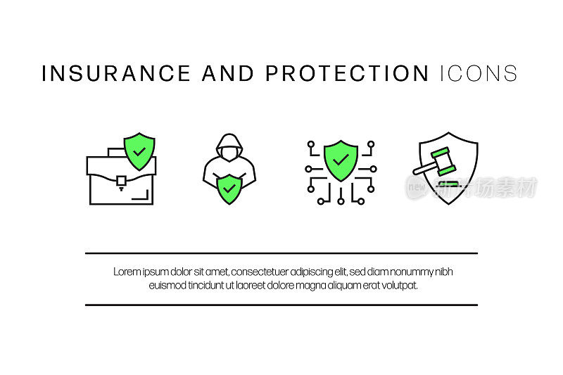 保险和保护相关的平面线图标，轮廓矢量符号插图。