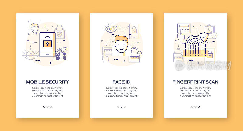 数据安全和网络安全概念入职移动应用程序页面屏幕与平面图标。UI设计模板矢量插图