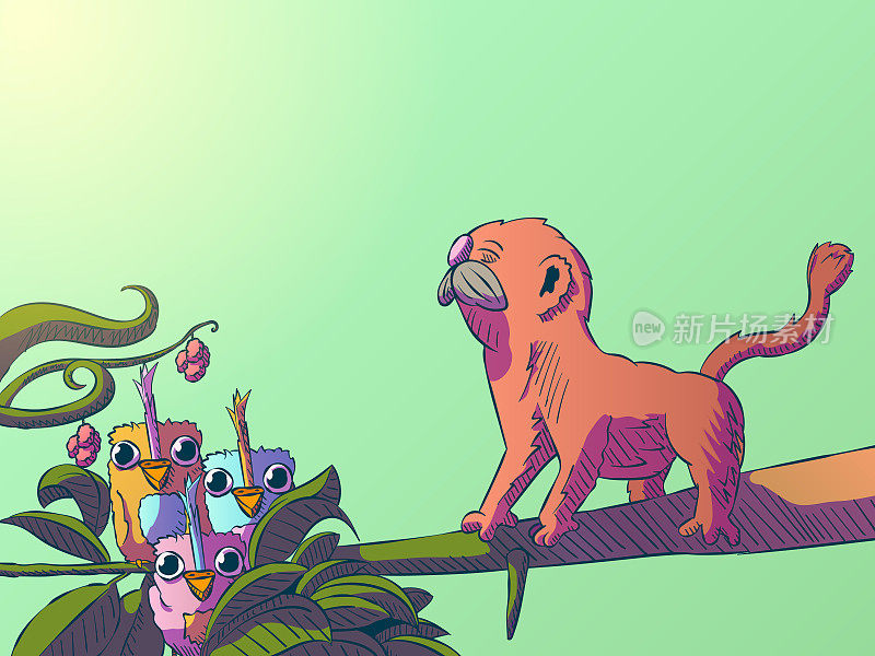 有趣的卡通丛林插图-可爱的小鸟和猴子在树枝上。