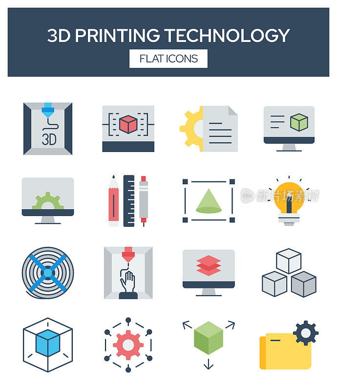 3D打印技术相关的现代平面图标矢量集合