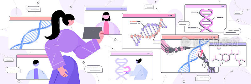 科学家分析网页浏览器窗口的DNA结构，研究人员进行在线实验室DNA测试基因工程实验