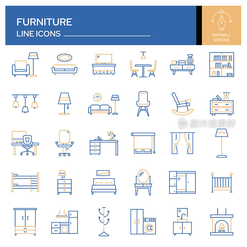 家具相关的线条图标集。轮廓符号集合，可编辑的描边