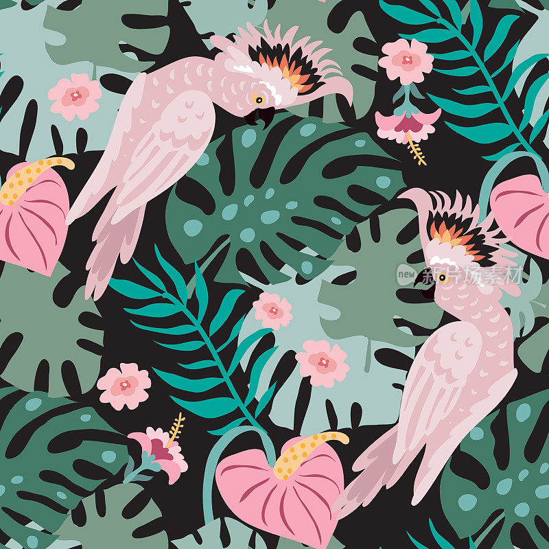 美丽的热带无缝图案与热带鹦鹉，五颜六色的异国情调的鸟类，树叶，花朵