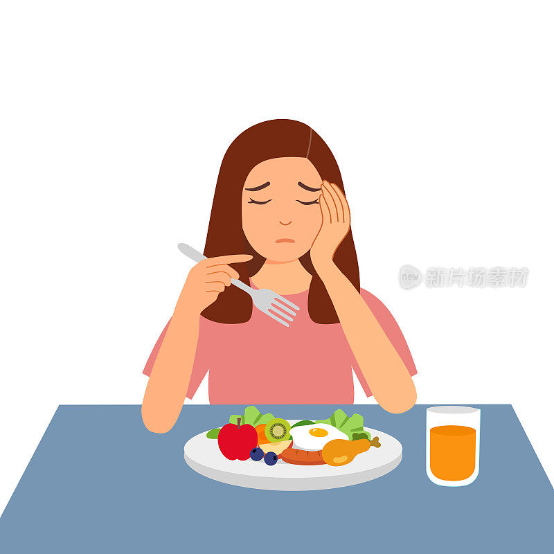 女人感觉不饿概念矢量插图上的白色背景。女性无法进食。