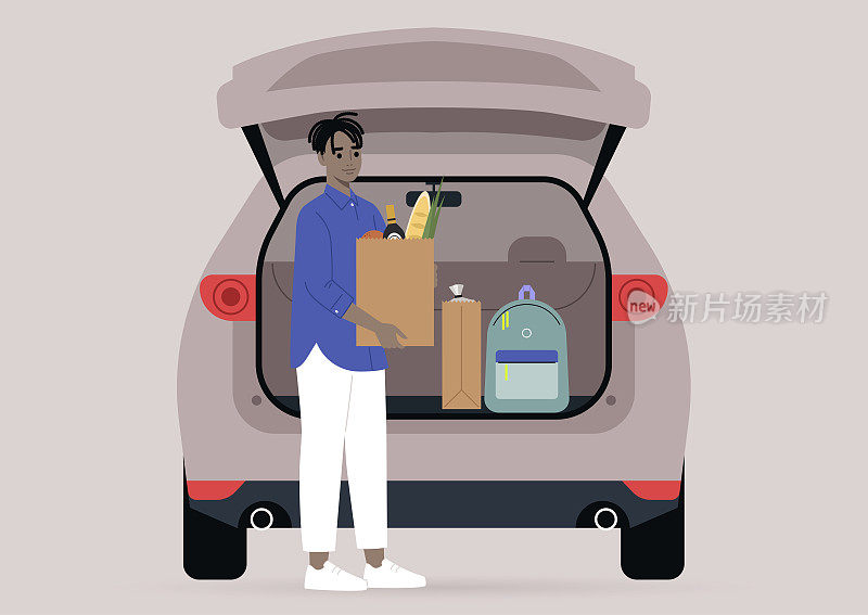 一个年轻的黑人男性角色从他们的汽车后备箱拿杂货袋，这是一个日常的场景
