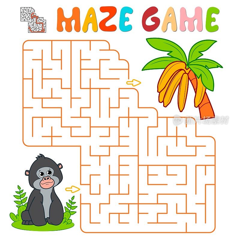 儿童迷宫拼图游戏。迷宫或迷宫游戏与大猩猩。猴子和香蕉