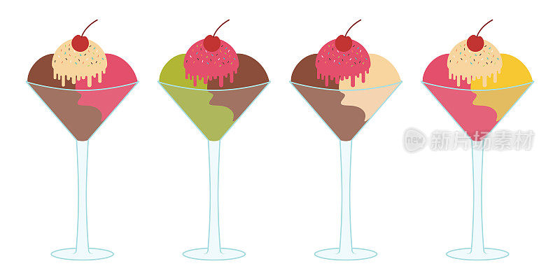 冰淇淋3勺甜点杯在可爱的动画平面矢量设计图标标志clipart