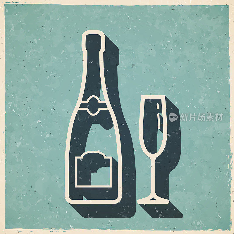 香槟酒瓶和玻璃杯。图标在复古风格-旧纹理纸