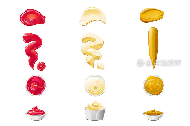 番茄酱，蛋黄酱，芥末酱。现实的矢量插图孤立在白色的背景。