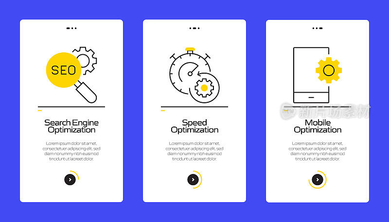 搜索引擎优化概念Onboarding移动应用程序页面屏幕与平面图标。UI设计模板矢量插图