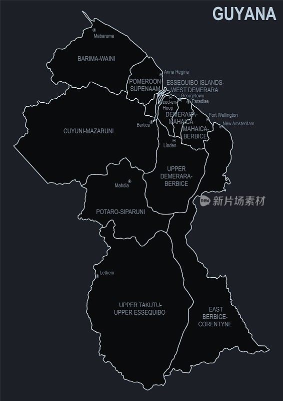 圭亚那的平面地图与城市和地区在一个黑色的背景