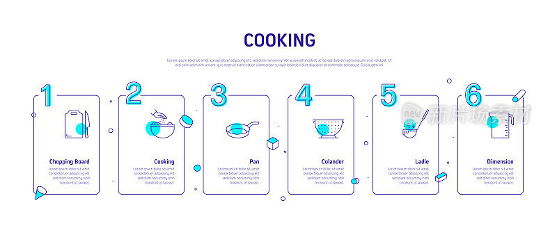 烹饪相关流程信息图模板。过程时间图。工作流布局与线性图标