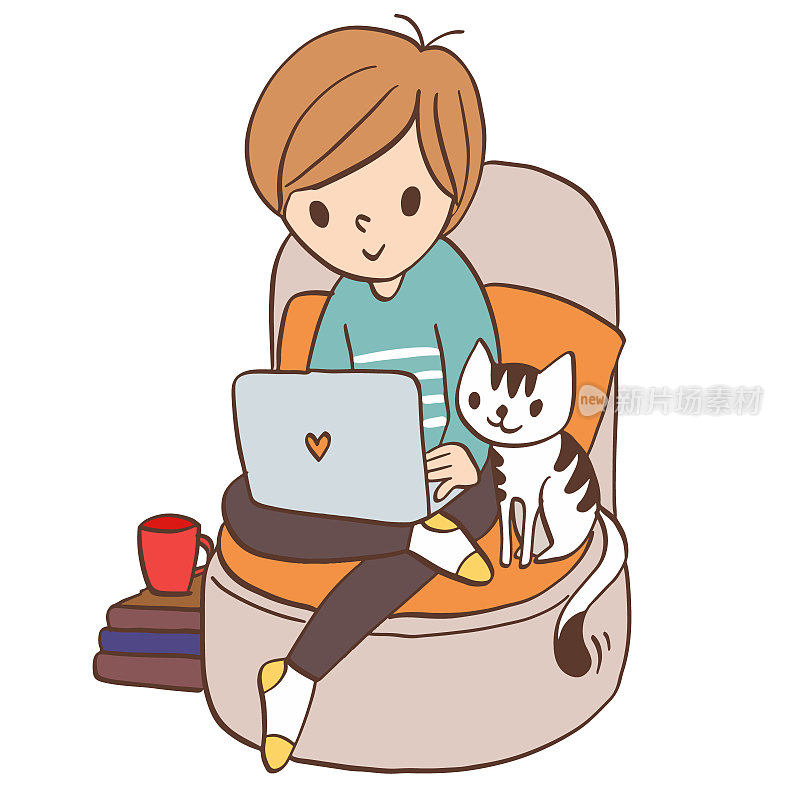 年轻人坐在放松浏览互联网的笔记本电脑与宠物猫卡通人物剪矢量插图