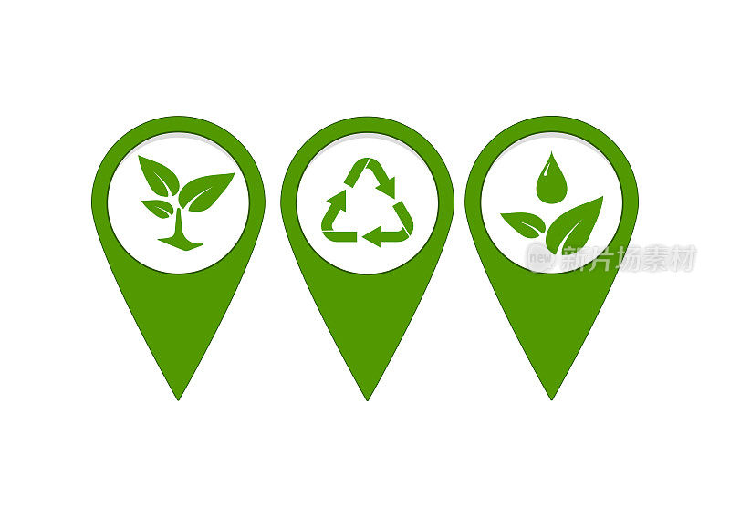 生态位置绿色地图针与树叶树和回收标志集