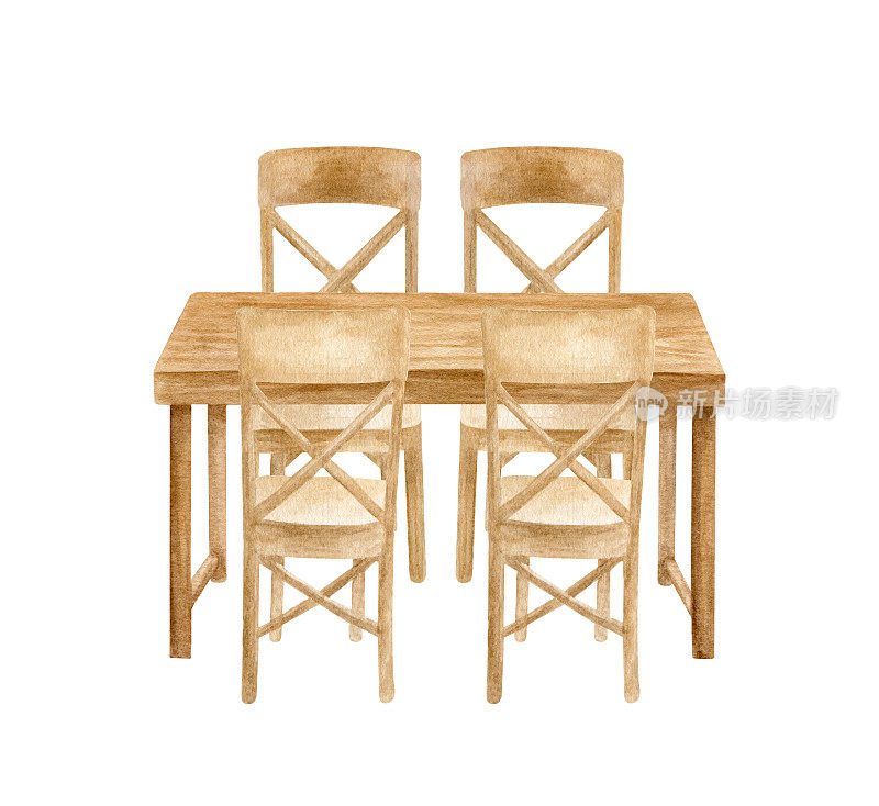 水彩木制家具与桌椅。手绘的棕色木纹书桌，餐桌，咖啡馆和餐厅的室内草图孤立在白色背景上。
