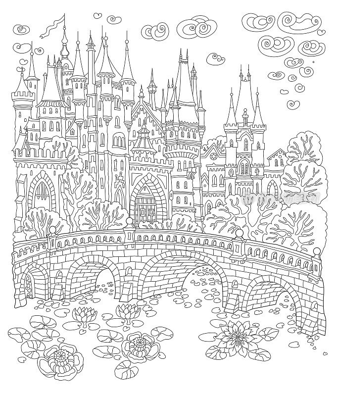 幻想的风景。童话般的中世纪城堡、石桥、湖泊、睡莲花。成人和儿童涂色书页