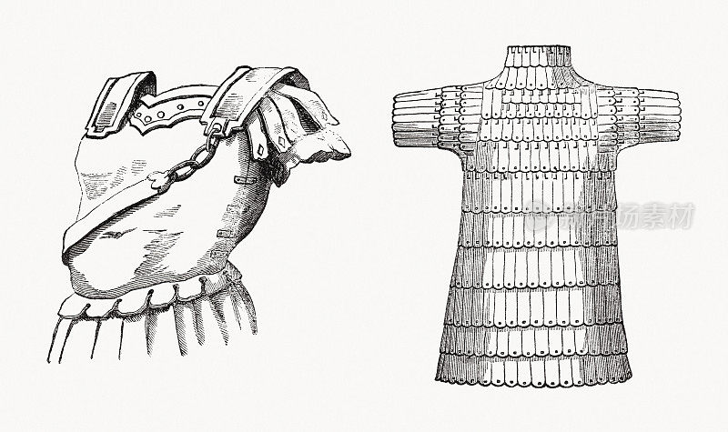 皮革盔甲和板盔甲，木刻版画，出版于1862年