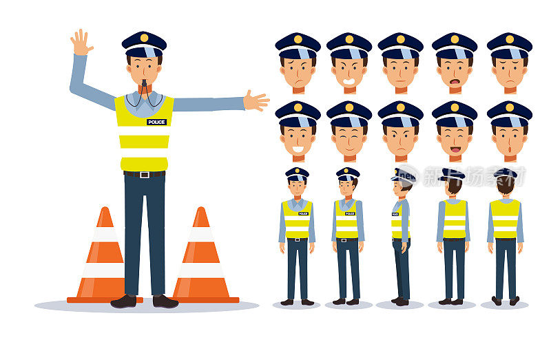 一套平面矢量字符插图，交通警察在各种观点，卡通风格。