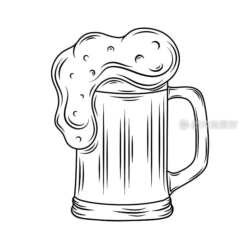 啤酒杯素描风格矢量插图。
