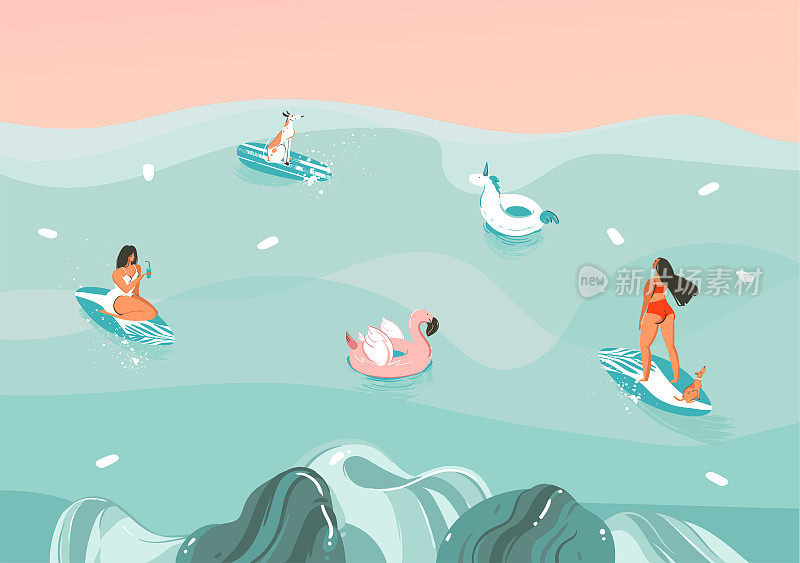 手绘矢量股票抽象图形插图与有趣的日光浴家庭人群在海浪景观，游泳和冲浪孤立的颜色背景