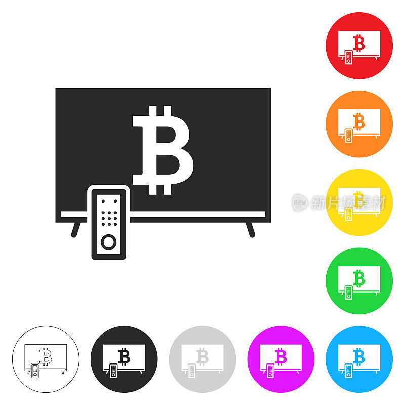 带有比特币标志的电视。彩色按钮上的图标
