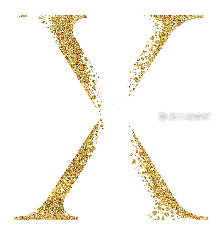 金光闪闪的大写字母X配合分散效果孤立的插图，喜庆的设计元素
