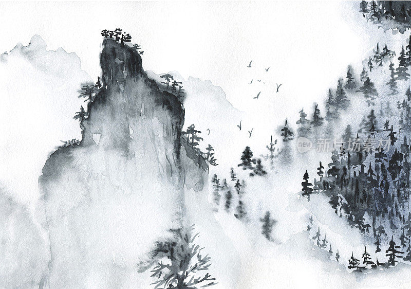 亚洲鸟类的水彩插图。中国传统山水画。在白色的背景上画上雾蒙蒙的森林树木。亚洲鸟类的水彩插图。