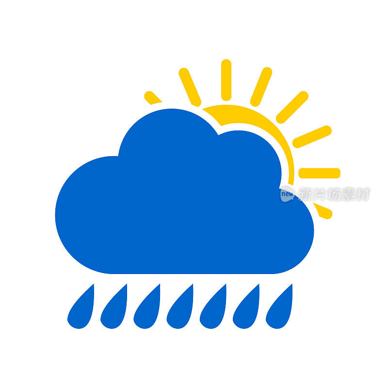 蓝色的云带着雨滴，黄色的太阳。有雨的天气预报图标与倾盆大雨孤立在白色背景。向量。