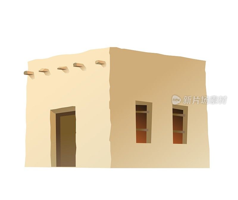 阿拉伯粘土简陋的小屋。中东土坯房。非洲和亚洲的传统房屋。白色背景隔离矢量。