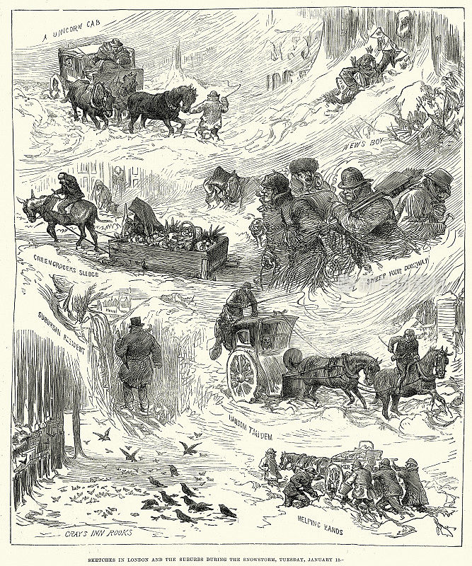 交通被困在雪中，挖出，伦敦和郊区在暴风雪期间的素描，1881年，维多利亚