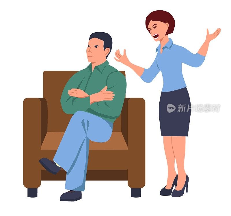 男人坐在椅子上，一个女人站在他旁边对他大喊大叫。夫妻间的争吵家庭问题。