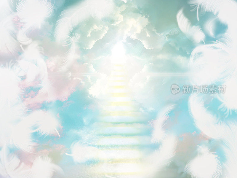 通向天堂的神秘云楼梯的插图，超越飘落的白色羽毛和神圣的光从天空通过云海的缺口。