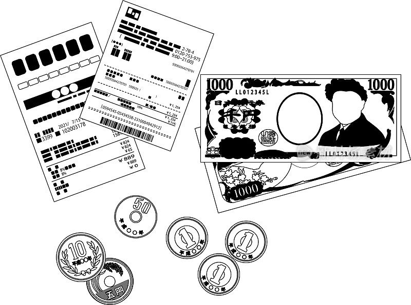 单色日元纸币、日元硬币和购物收据