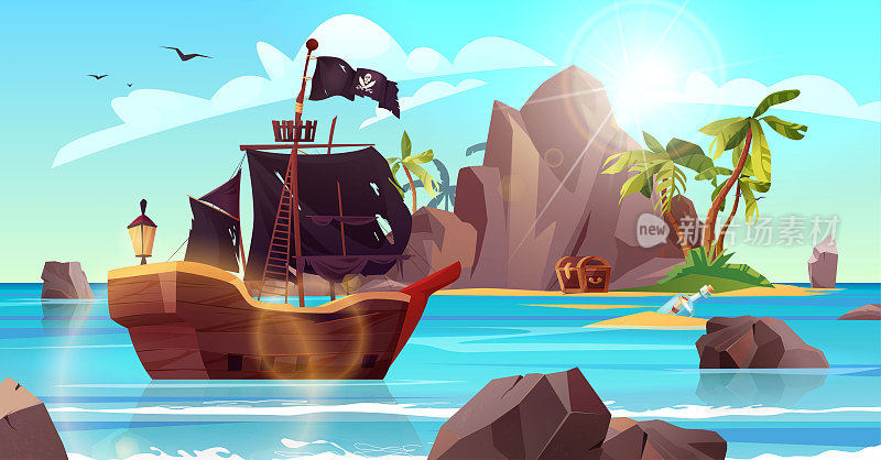 骷髅形状的岩石岛，海中有海盗旗和棕榈树。瓶子里有纸信息。2d游戏或冒险任务的卡通矢量插图。
