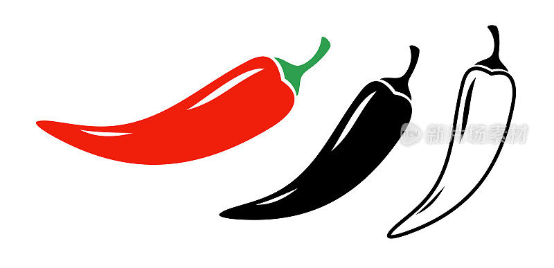 红色的辣椒图标。象征着尖锐，燃烧和炎热。烹饪调味成分。