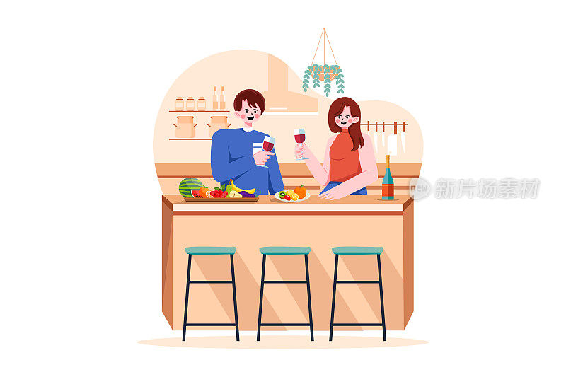 一对手拿酒杯的夫妇在厨房的桌子上放着水果