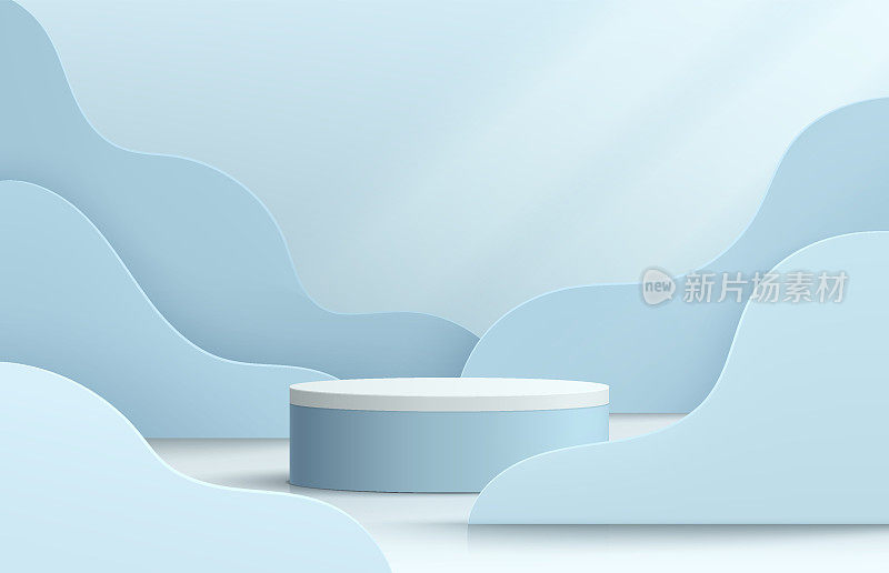 现实的蓝色和白色3D圆柱体基座平台与蓝色波浪形状层背景。抽象的最小场景用于实物模型，舞台用于展示，促销展示。向量的几何形式。