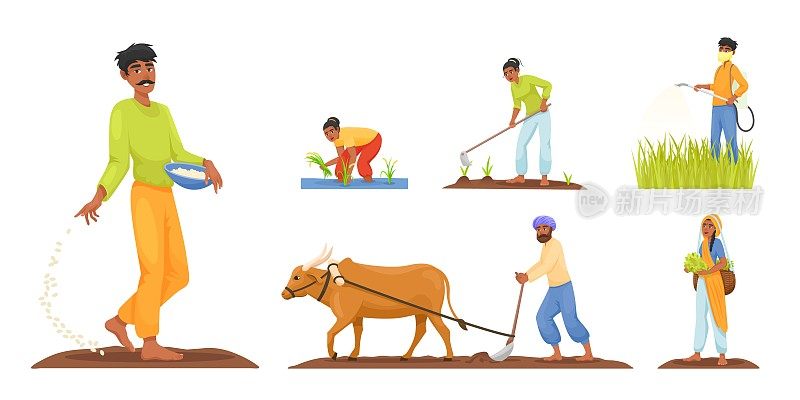 卡通印度农民。传统的农村农民的农场村庄印度，农业园艺耕地，农业男子妇女与农民的动物，准确的矢量插图