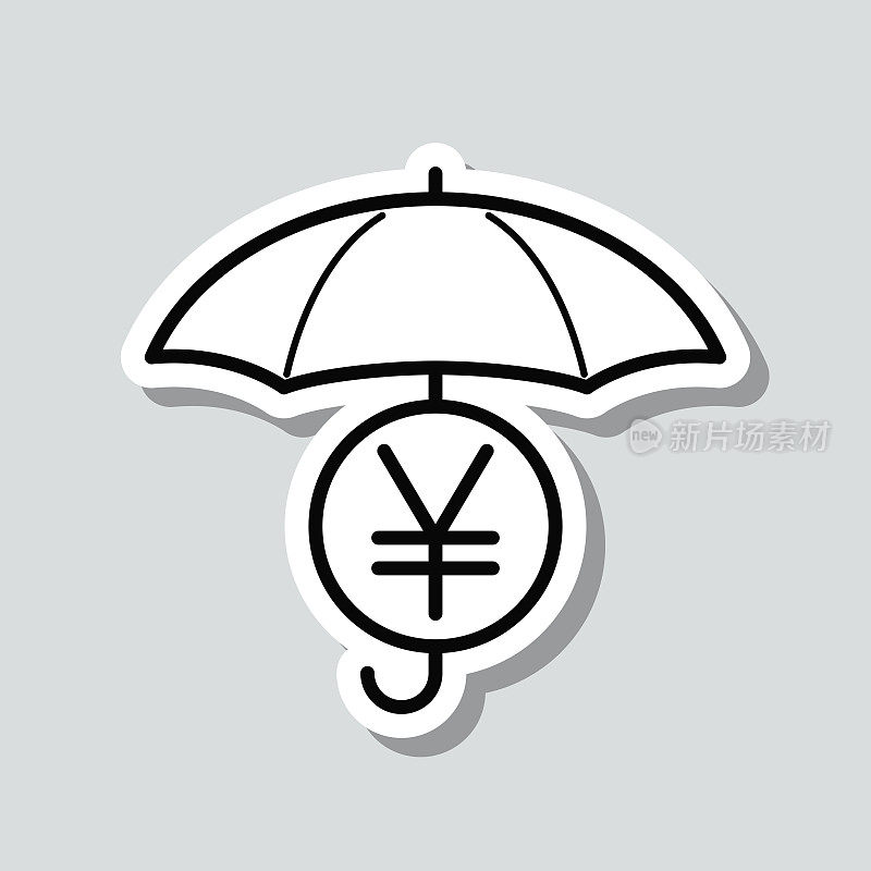 伞下的日元硬币。图标贴纸在灰色背景