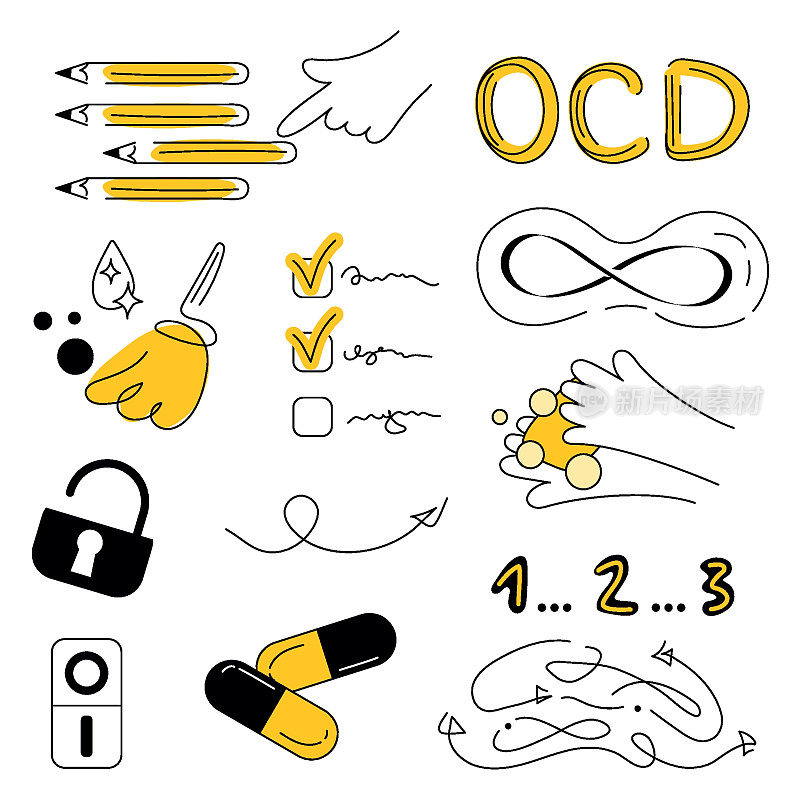 OCD设定了症状、恐惧和侵入性想法的元素。矢量插图强迫症与神经症不适，完美主义和恐慌发作。
