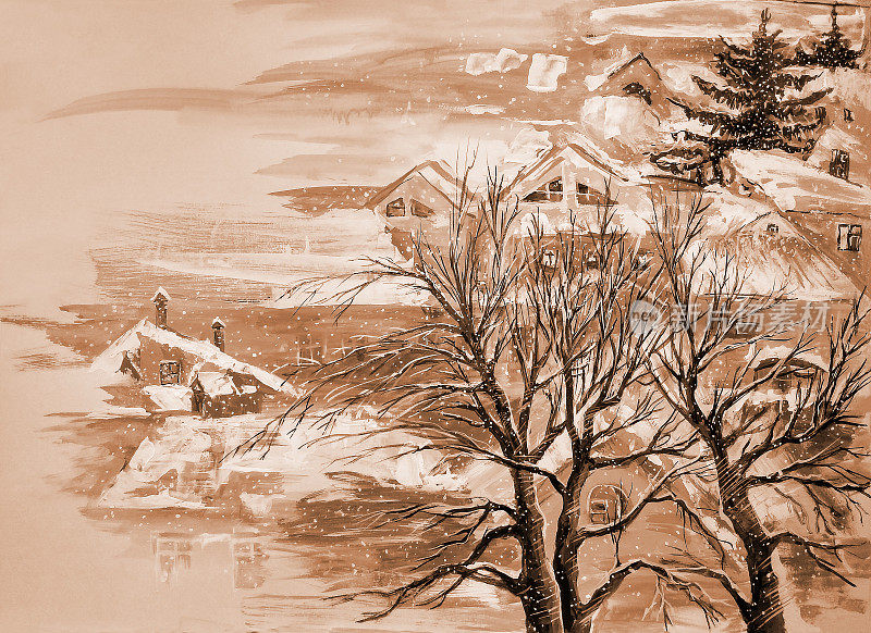 插画油画水平冬季城市景观街道树木和房子天空对太阳射线和天空的深褐色背景